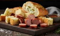 Pão de Alho e Linguicinhas de Pernil da Fazenda
